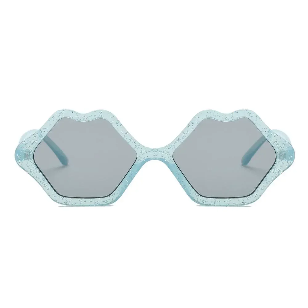 Womens Light Blue Lip Shape Sunglasses Gray Lenses Novelty Retro